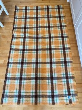 AYERS Large Vintage brown/Yellow Plaid Wool Blend Blanket Size 71.5” x 77.5”